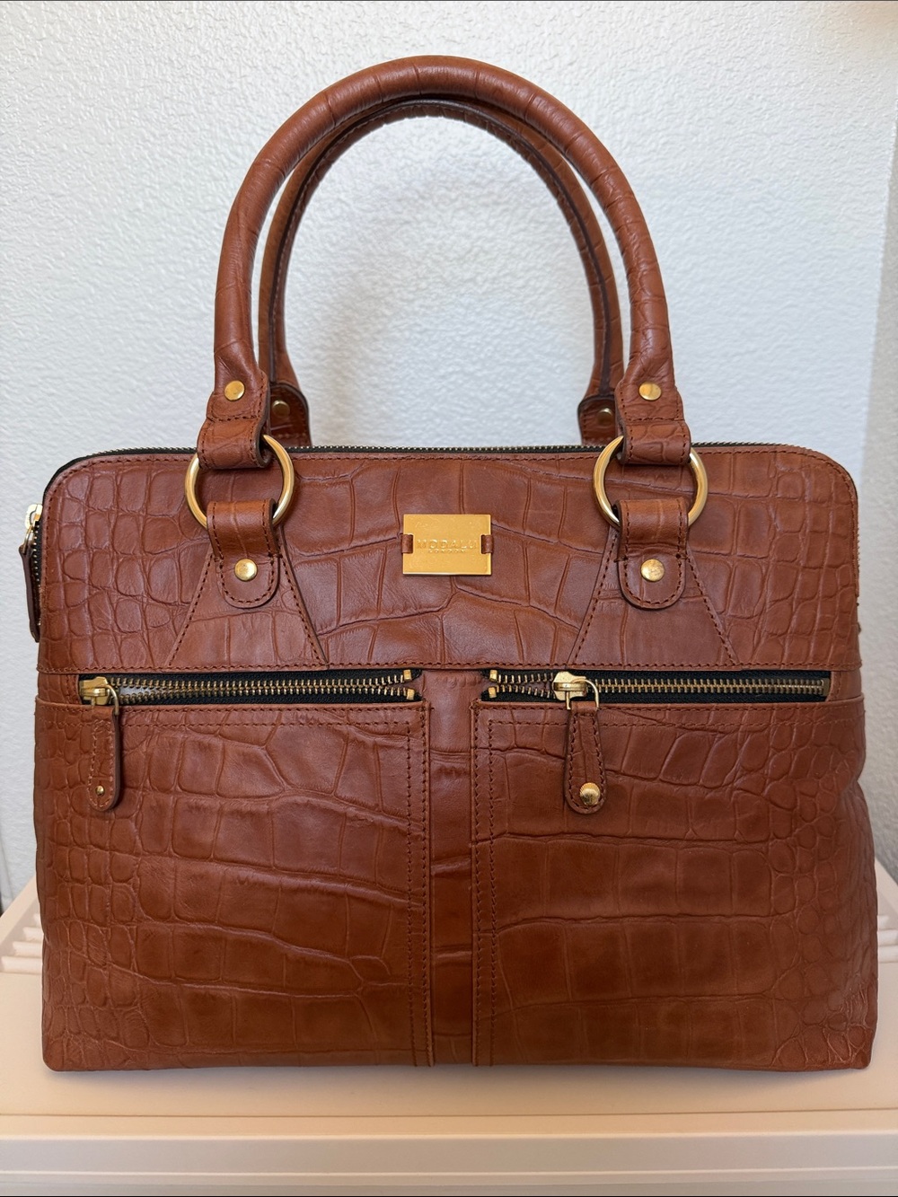 VINTAGE MODALU Grab Bag Chestnut Brown Croc-Embossed Satchel with Gold Hardware